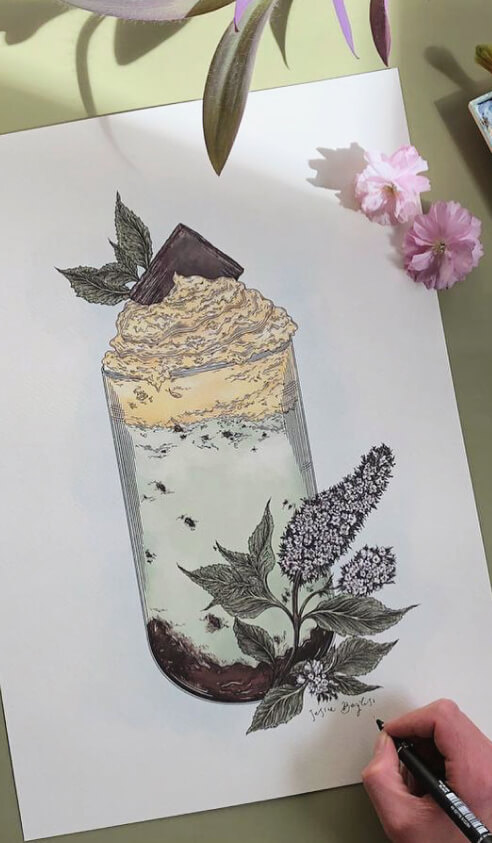 A botanical illustration of a mint milkshake