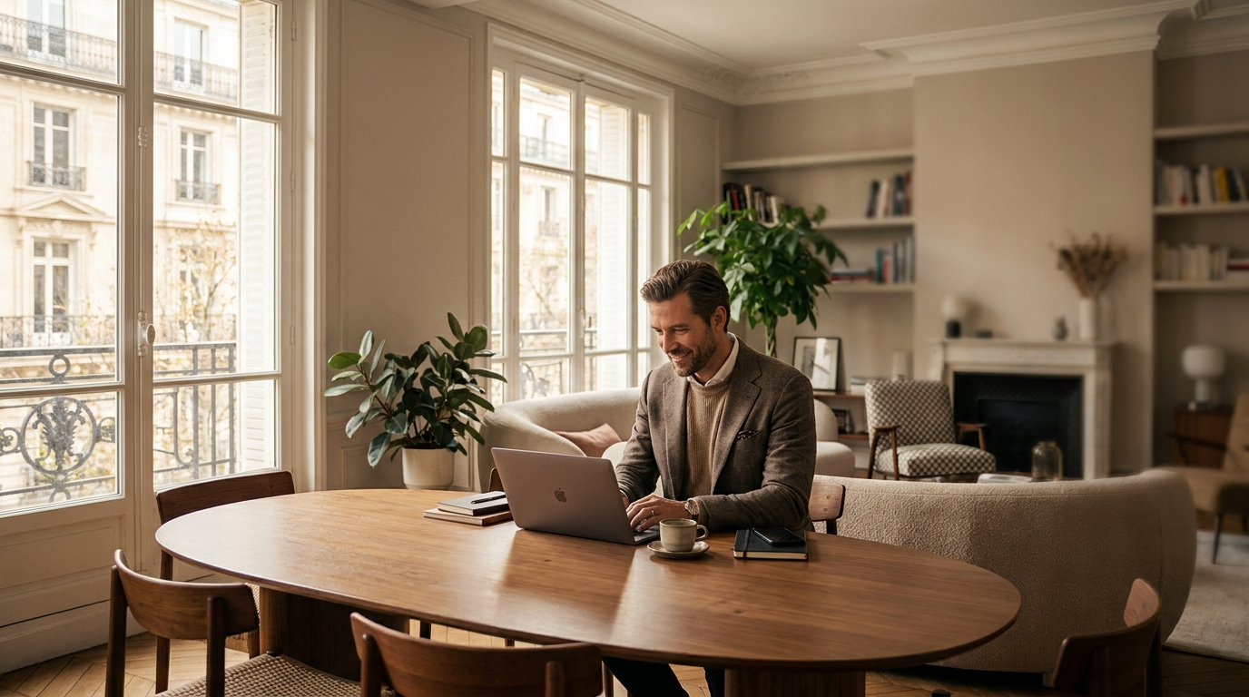 Salarié en déplacement professionnel travaillant dans un appartement meublé lumineux à Paris