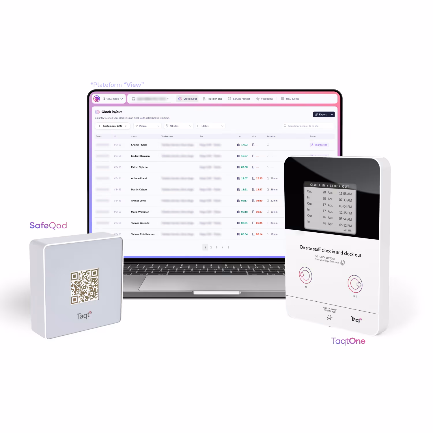 An illustration showcasing three Taqt solutions for on-site activity tracking
