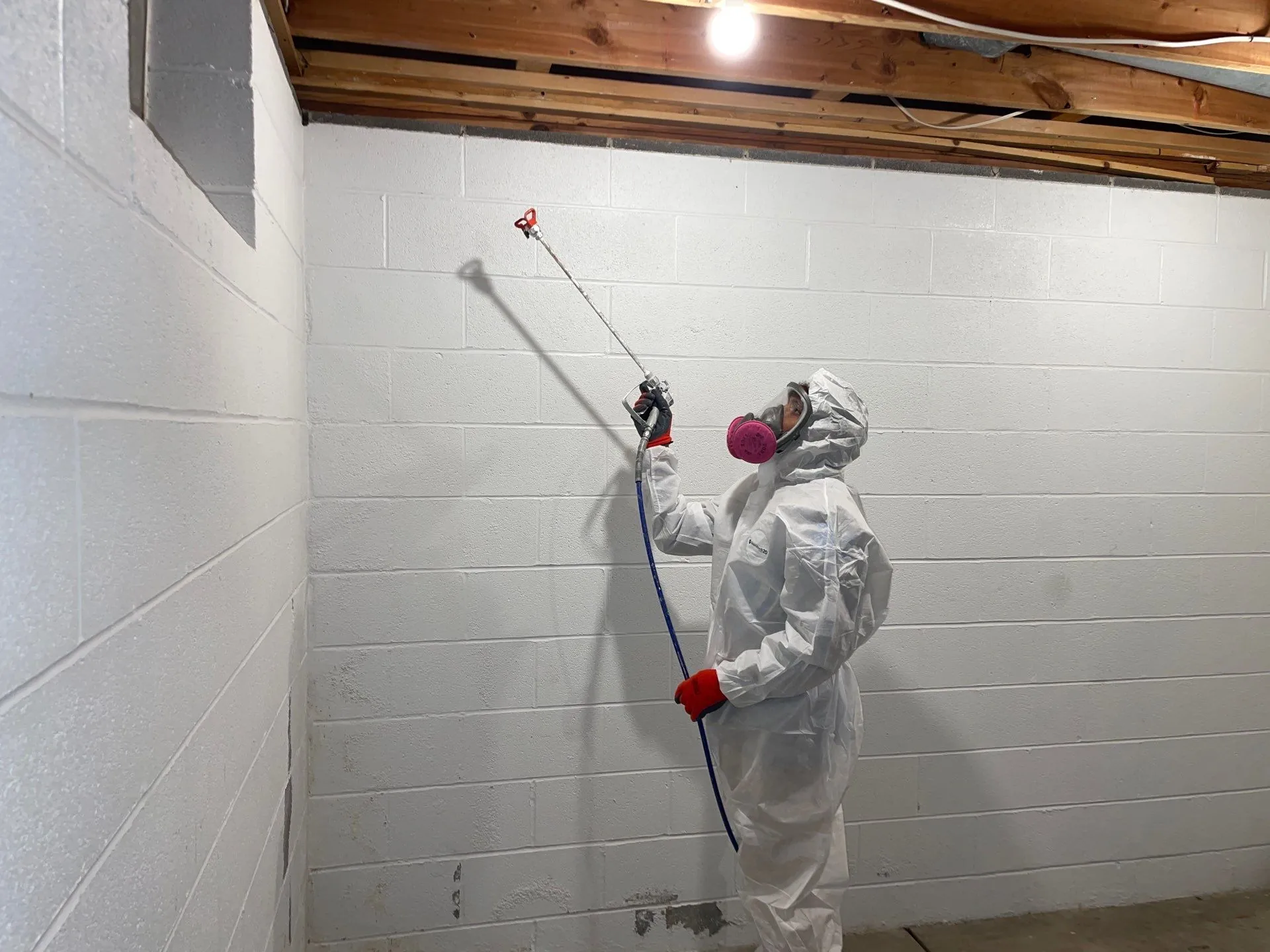 Person in protective suit and mask spraying white basement wall with mold treatment.