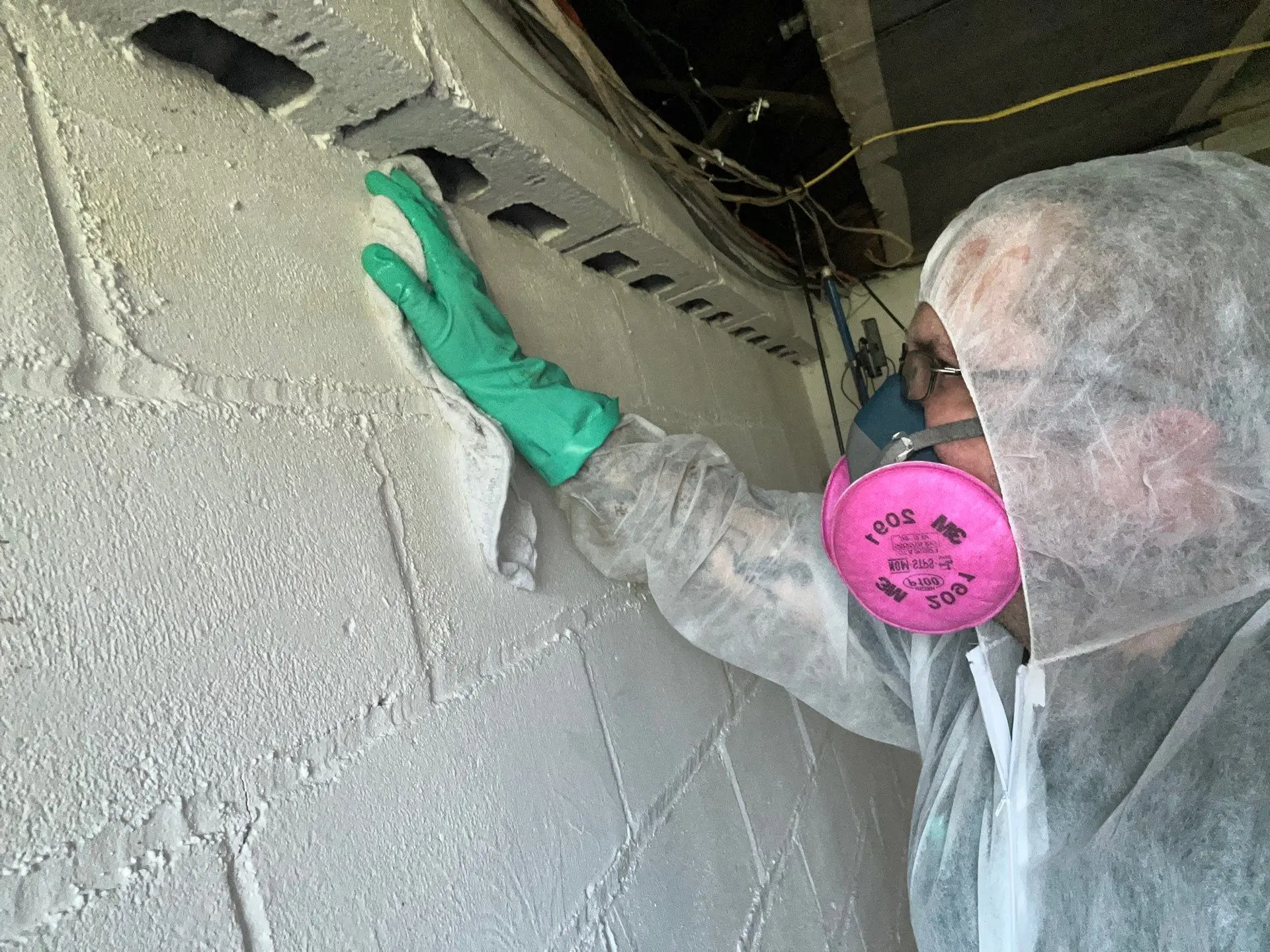 hazmat worker touching mold on basement wall