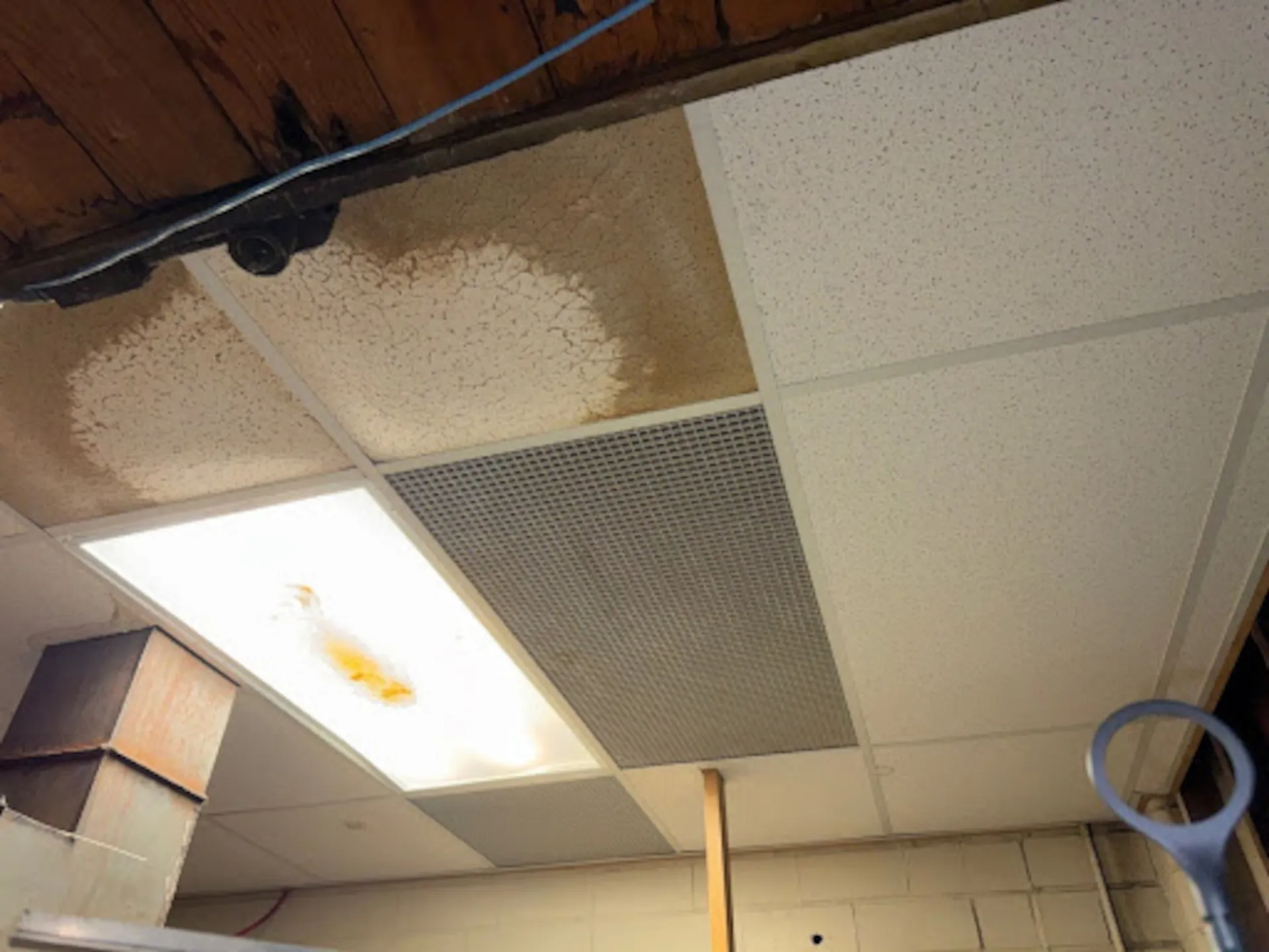 Basement ceiling with white drop ceiling tiles and a water-damaged tile stained brown, adjacent to a fluorescent light fixture with rust stains and a wooden support beam.