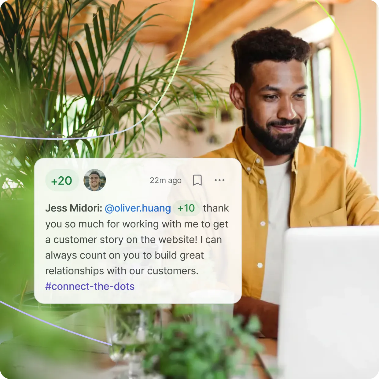 Recognition feed showing employees thanking teammates with man working in background