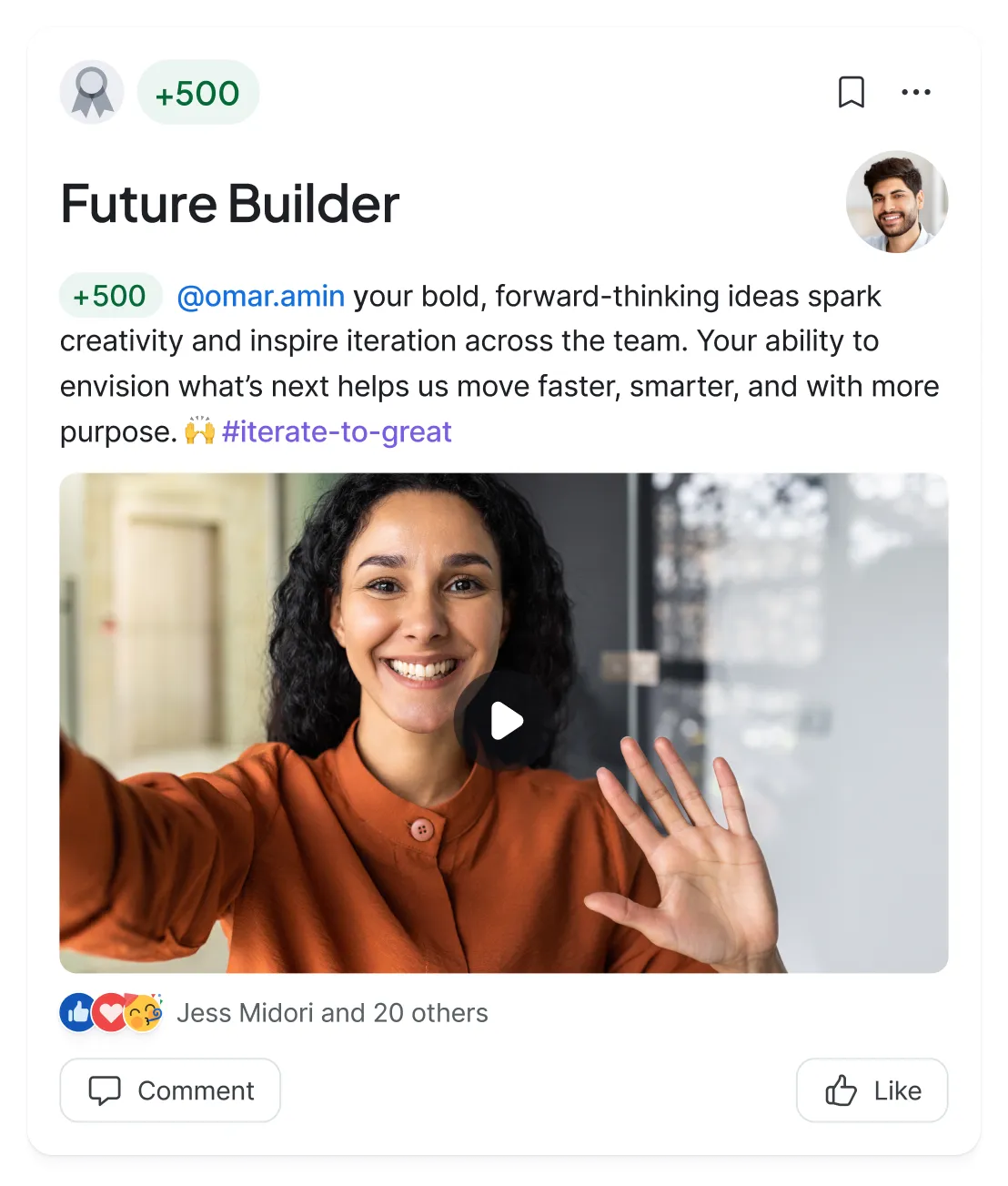 recognition video post with company core value hashtag