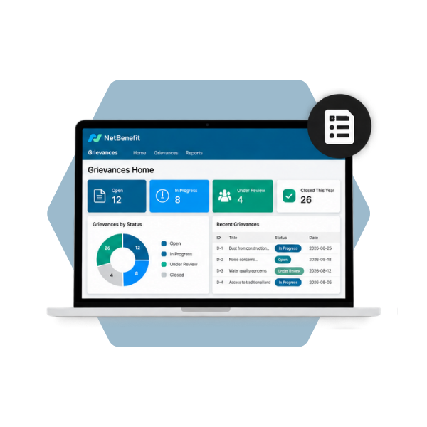 Dashboard showing open, in-progress, and closed counts with a status breakdown chart and recent grievance list.
