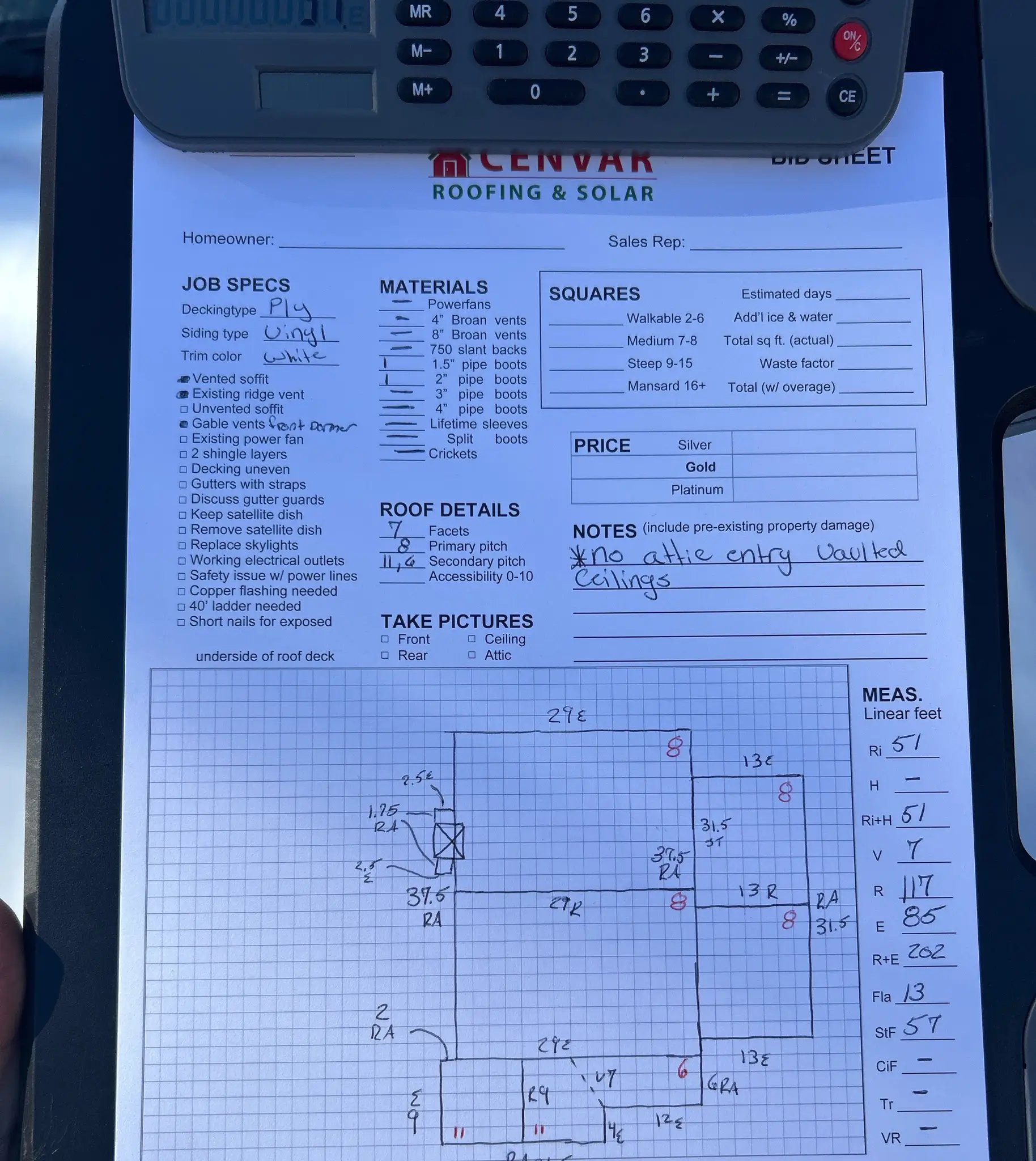 Bid Sheet for a roof replacement estimate in Fredericksburg VA