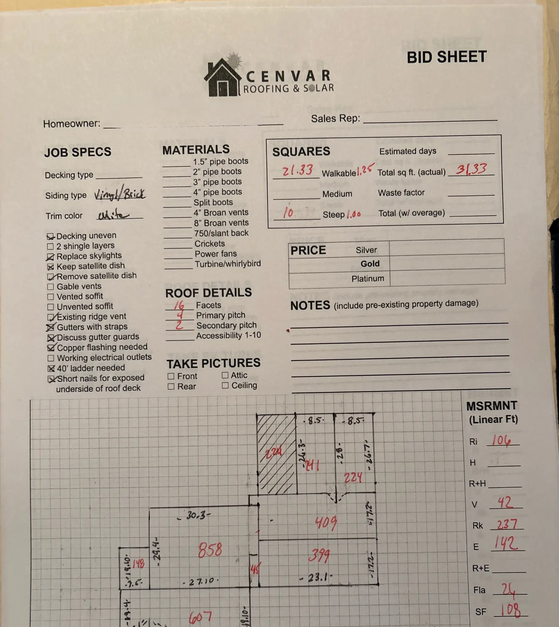 A roofing estimate sheet to determine the cost of a roof replacement in Charleston WV
