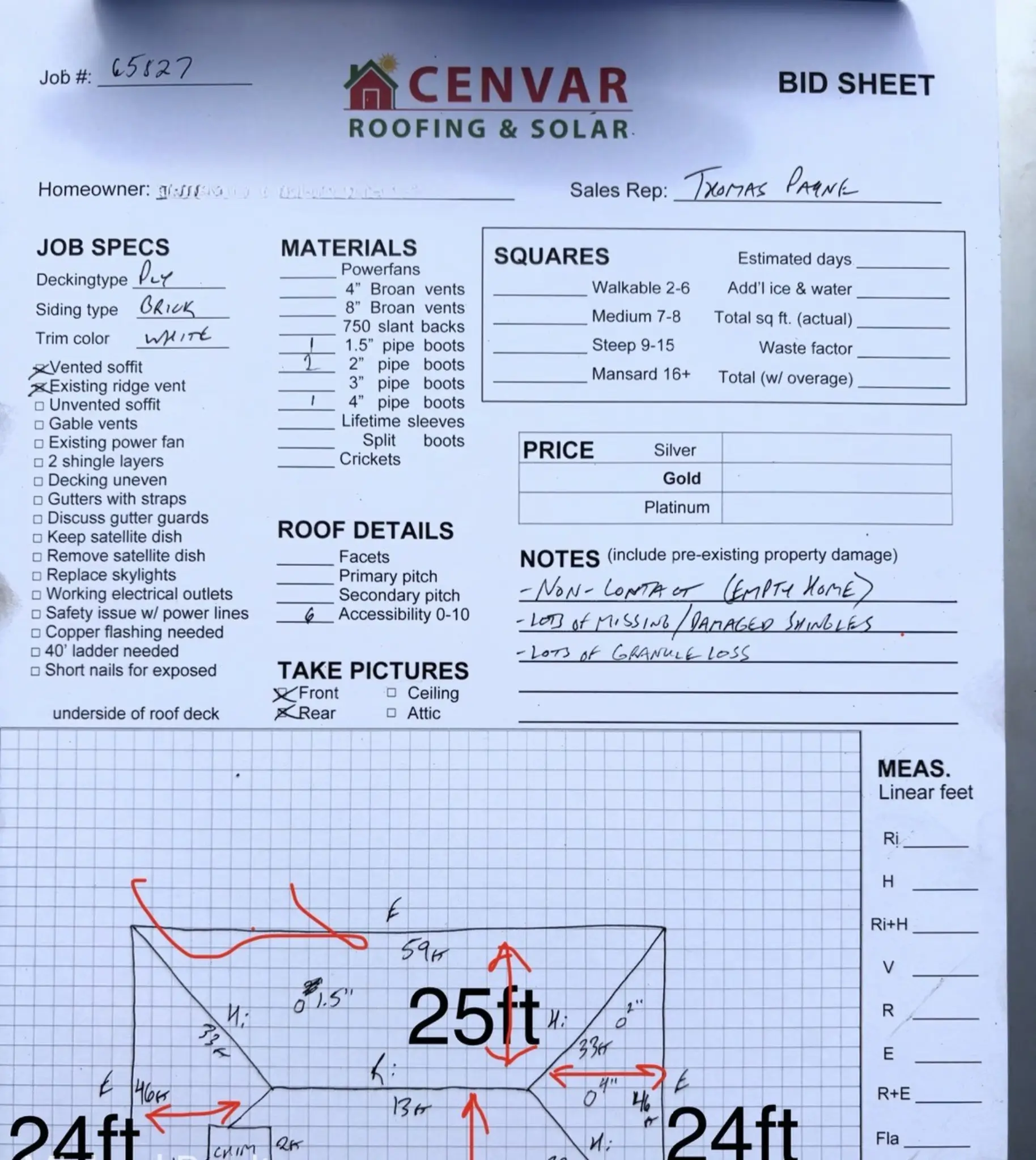 Roofing bid sheet for this roof replacement estimate in Kingsport TN by Cenvar Roofing