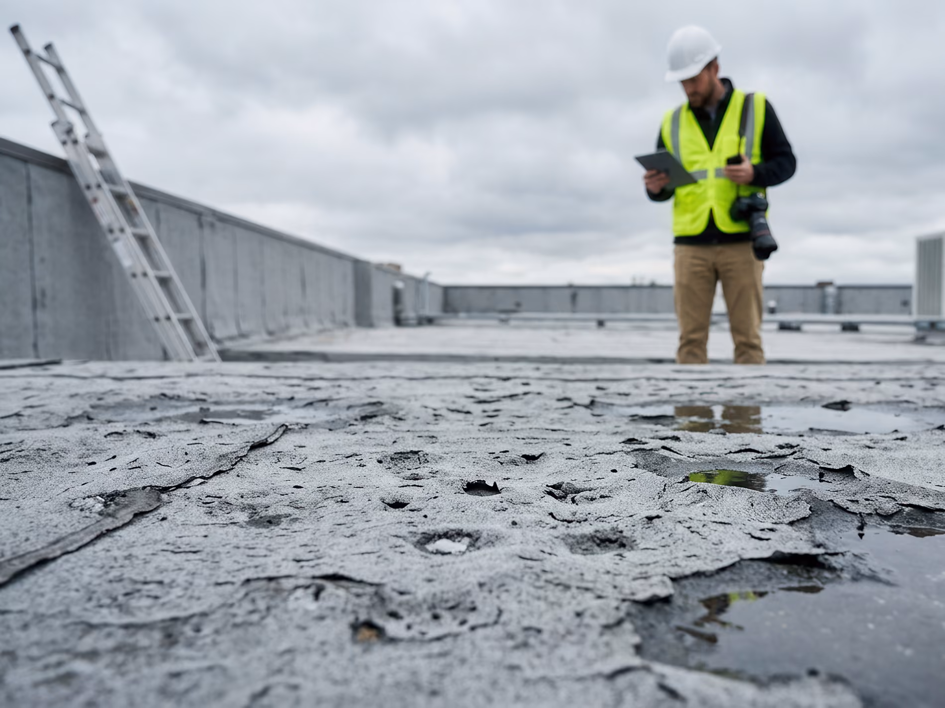a roofer assessing storm damage