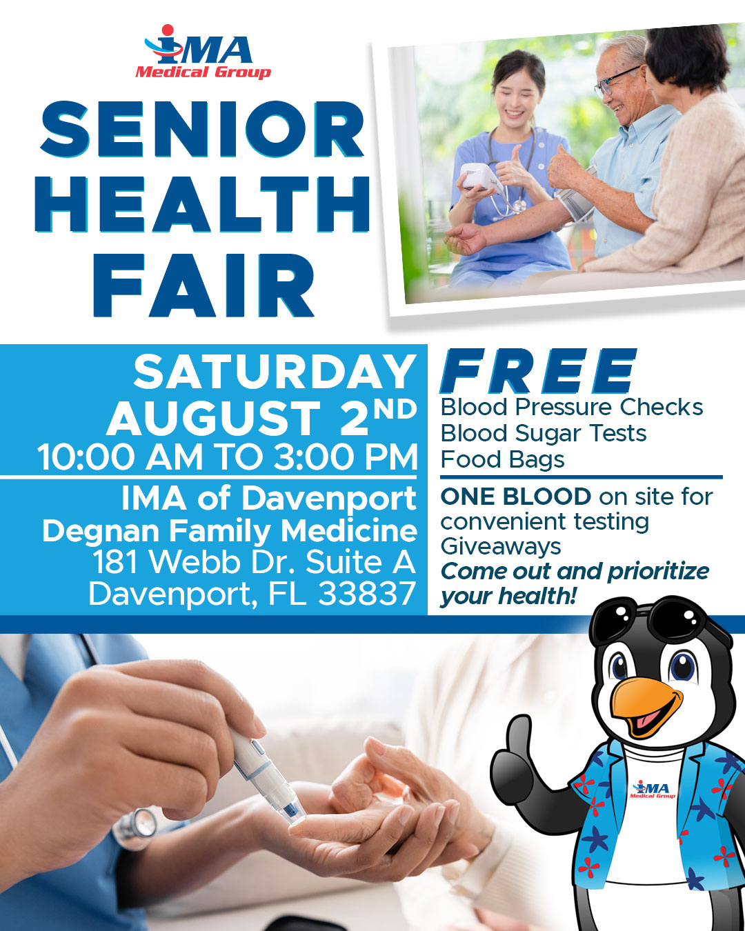 We’re hosting an amazing Health Fair for our senior community — and YOU’RE invited!

📅 Saturday, August 2nd
🕙 10:00 AM – 3:00 PM
📍 IMA of Davenport – Degnan Family Medicine
181 Webb Dr. Suite A, Daven