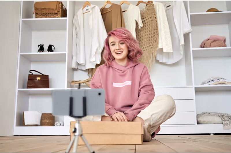 Chica frente a un celular a punto de abrir una caja como estrategia de unboxing