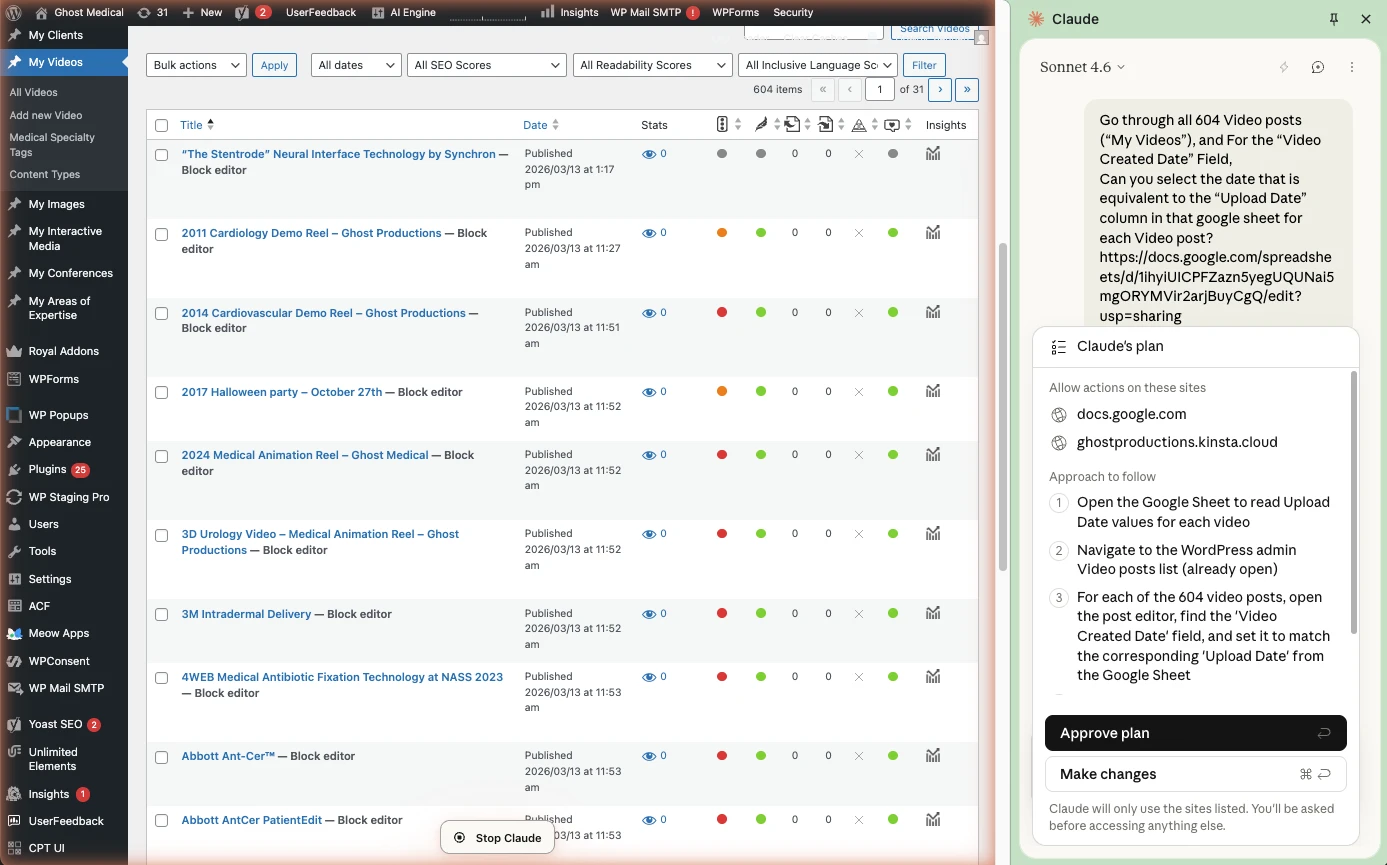 Screenshot of Claude working inside our website via the Wordpress Connector.