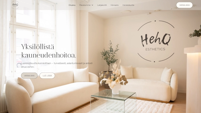 Hehq Esthetics nettisivuston ruutukaappaus