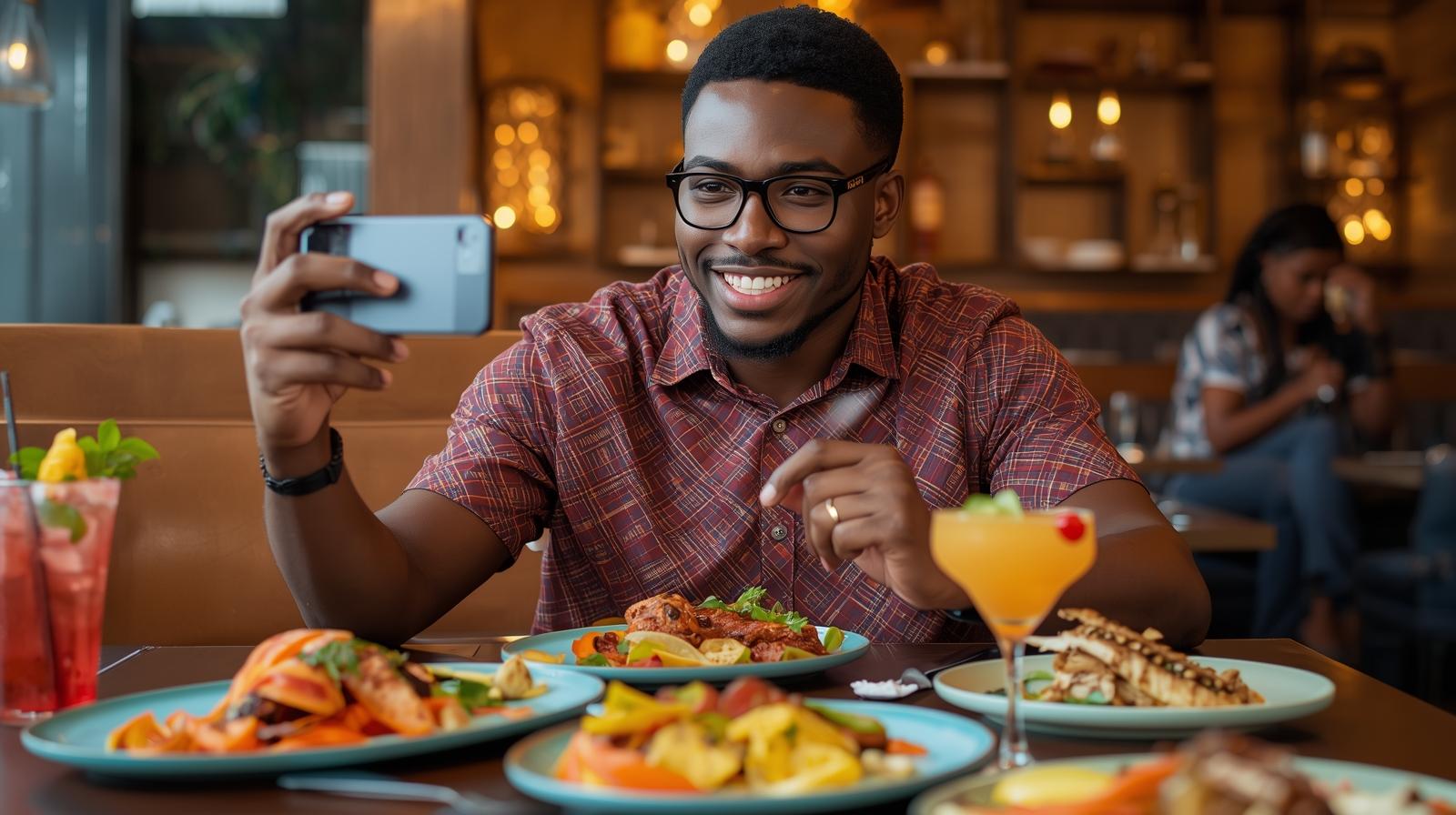 Créateur africain prenant en photo un plat dans un restaurant pour promouvoir l'établissement et générer des réservations avec Trenderz