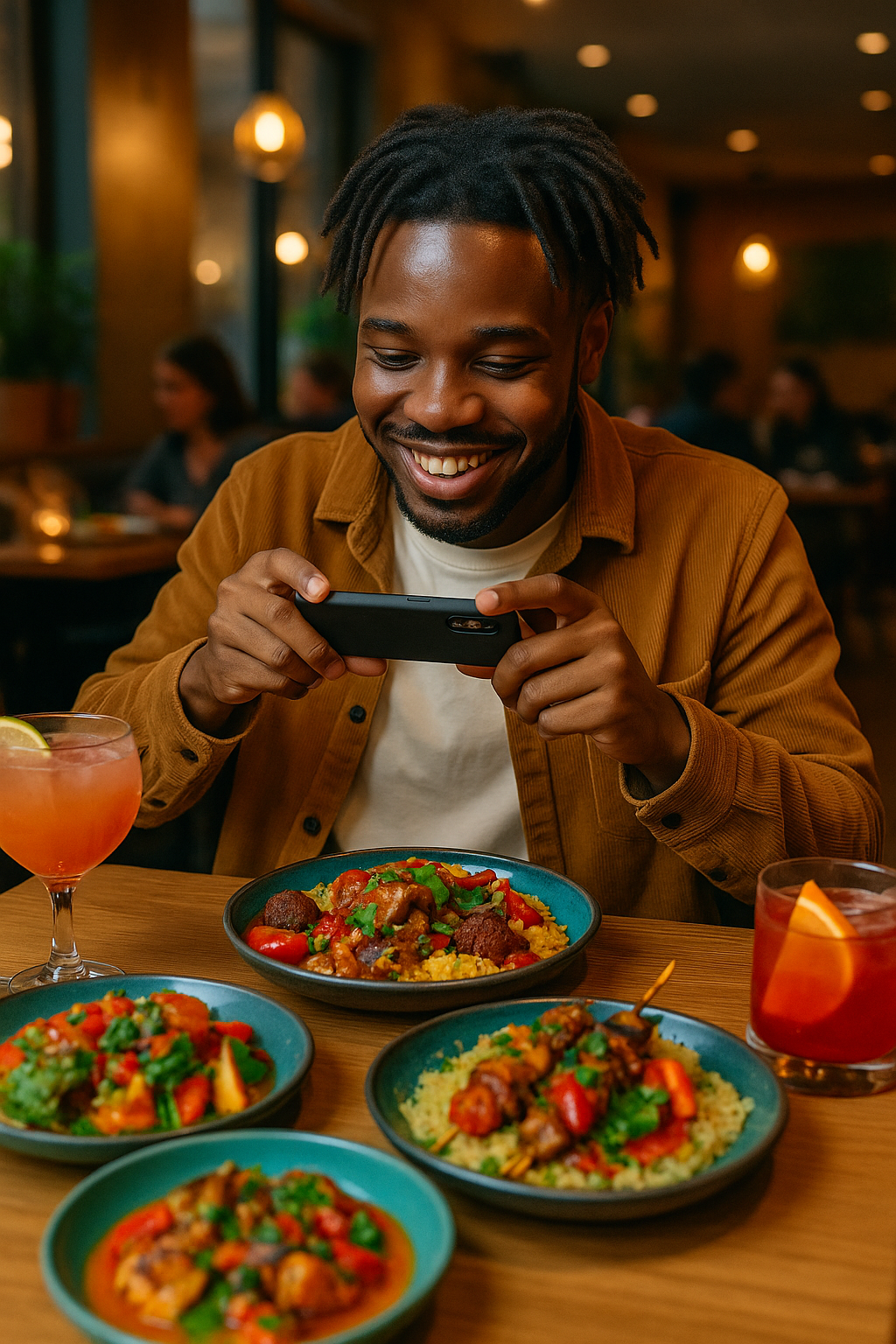 Créateur africain prenant en photo un plat dans un restaurant pour promouvoir l'établissement et générer des réservations avec Trenderz