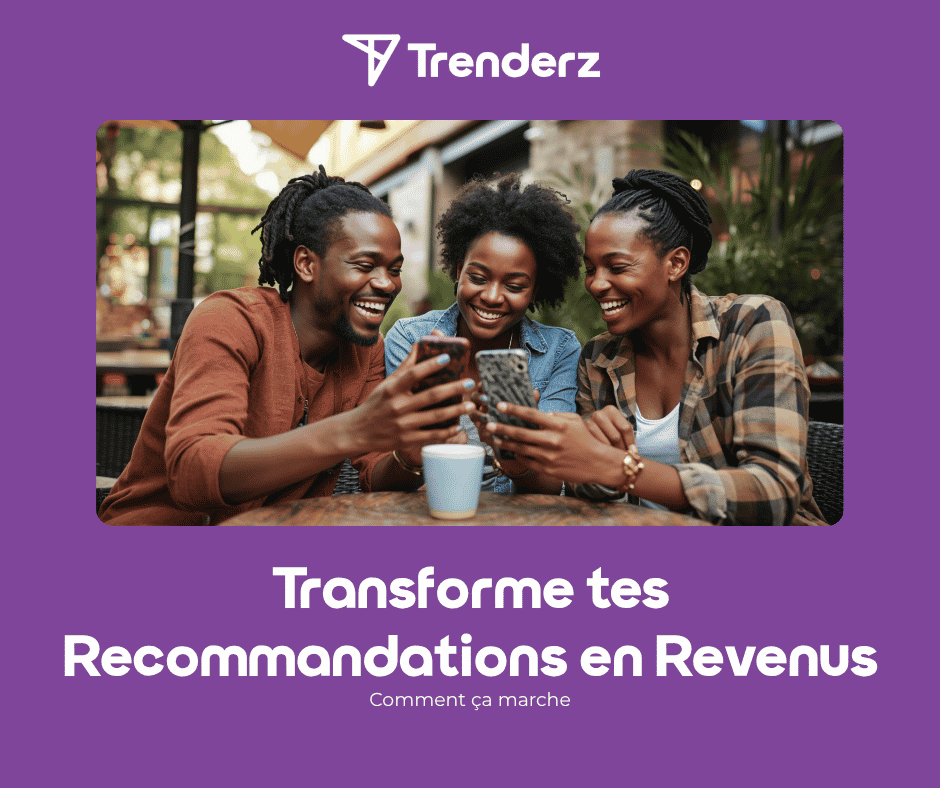 Jeune femme africaine envoie un lien WhatsApp à ses amies pour recommander un restaurant et gagne des revenus avec Trenderz