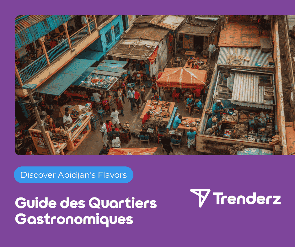 Couple abidjanais découvre les meilleurs quartiers gastronomiques d'Abidjan en consultant Trenderz sur smartphone