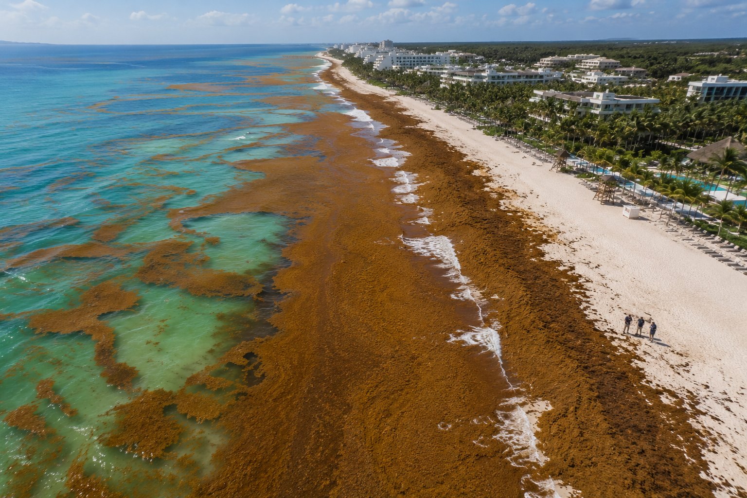 Drone aerial view of sargassum accumulation on Caribbean beach