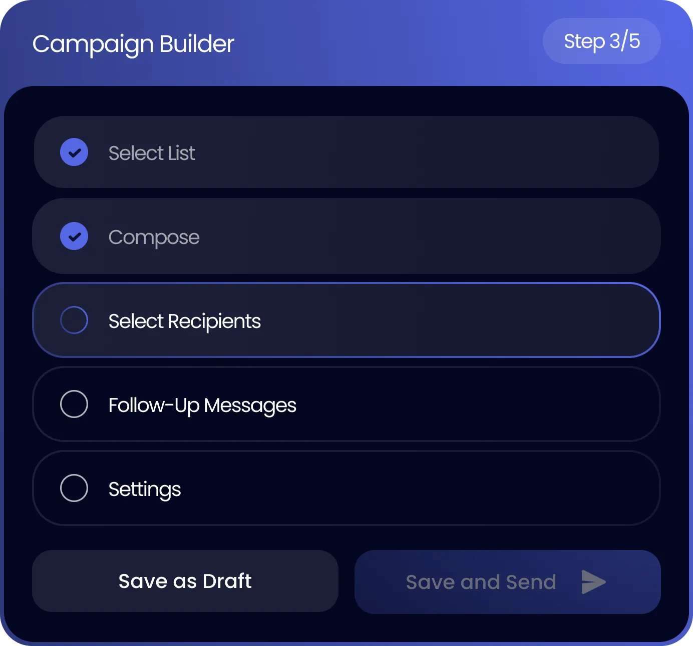 A multi-step Campaign Builder interface showing steps like Select List, Compose, Select Recipients, Follow-Up Messages, and Settings.
