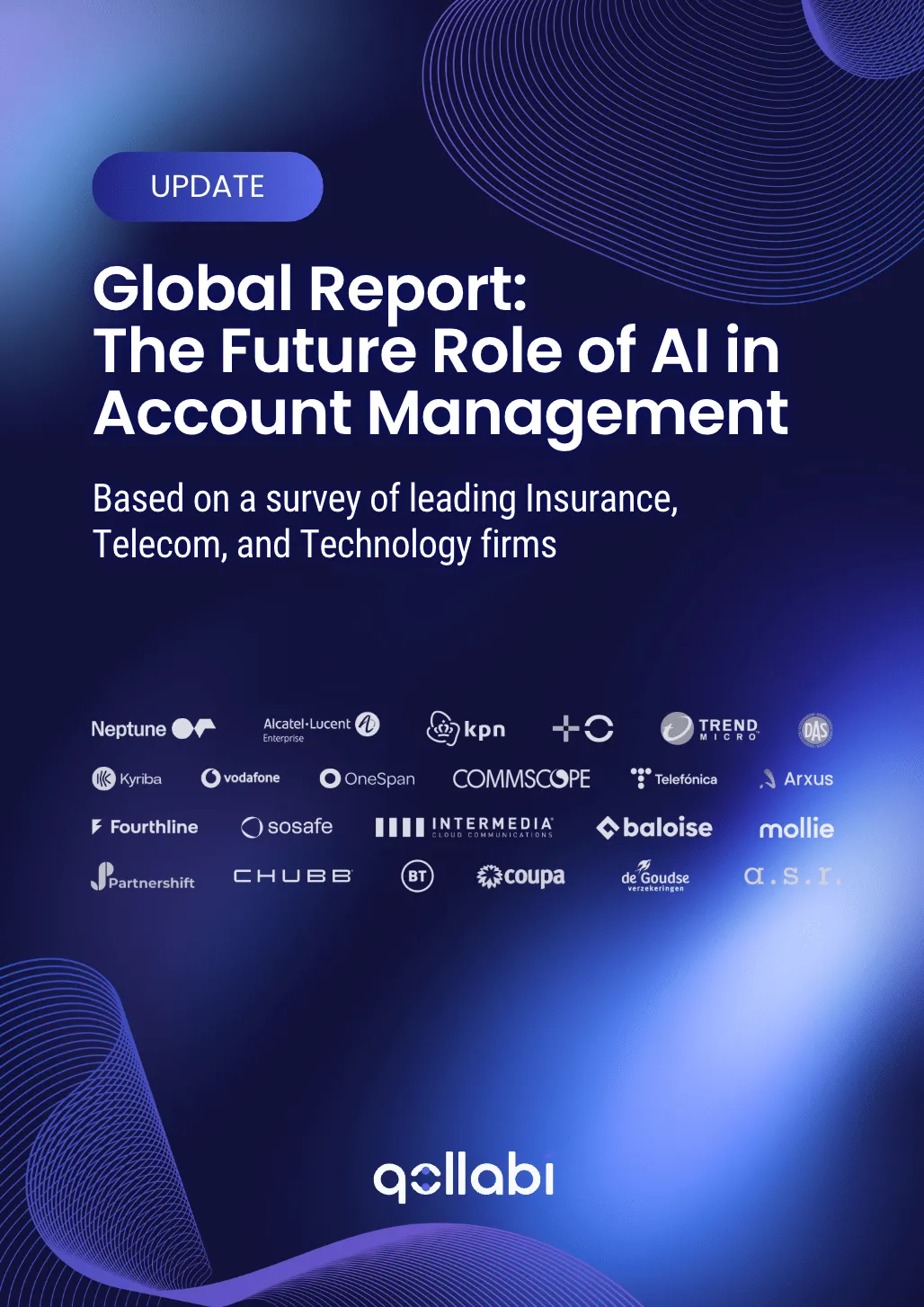 Cover image of Qollabo's Global Report: 'The Future Role of AI in Account Management’, listing featured firms across insurance, telecom, and technology.