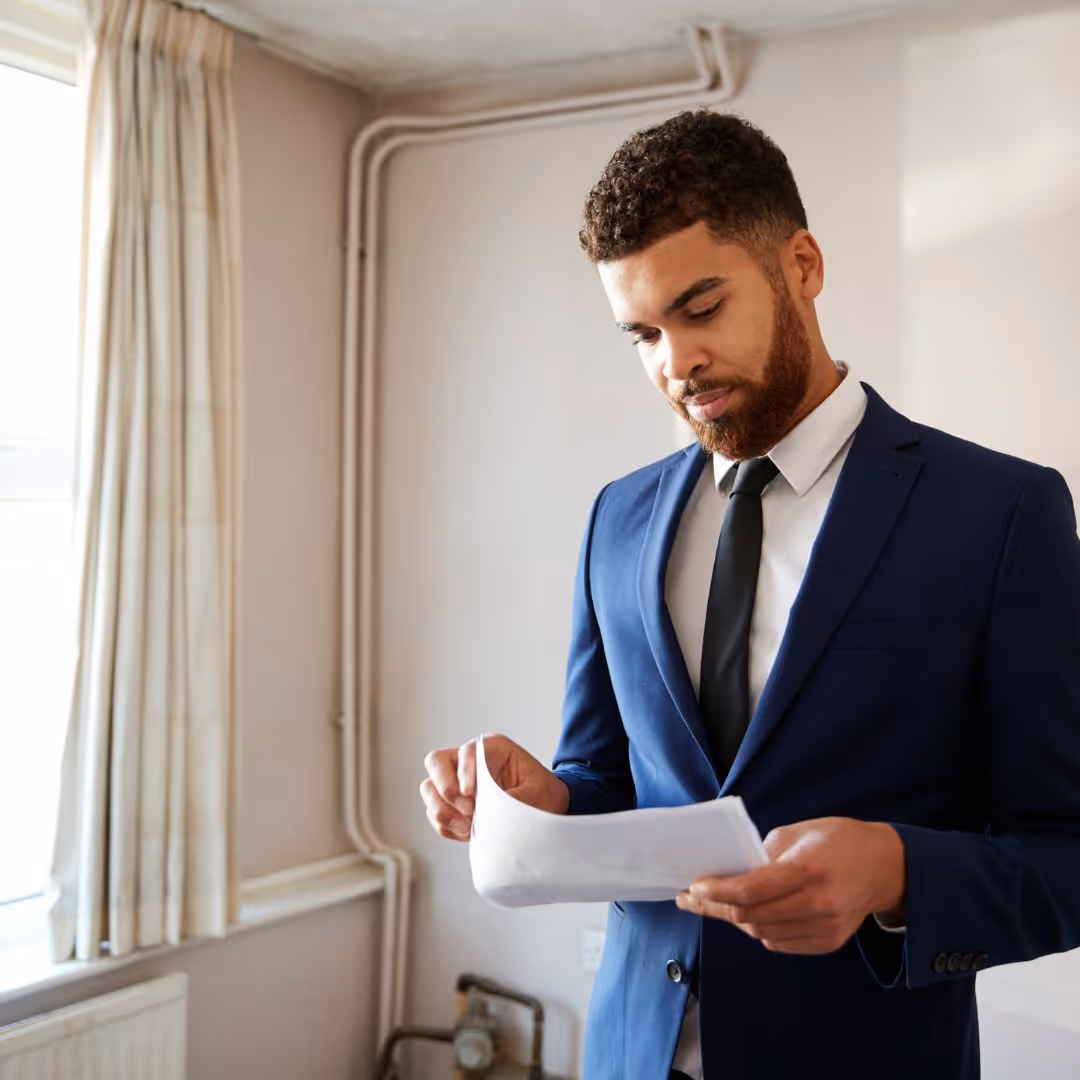 person reviewing paperwork in empty apartment