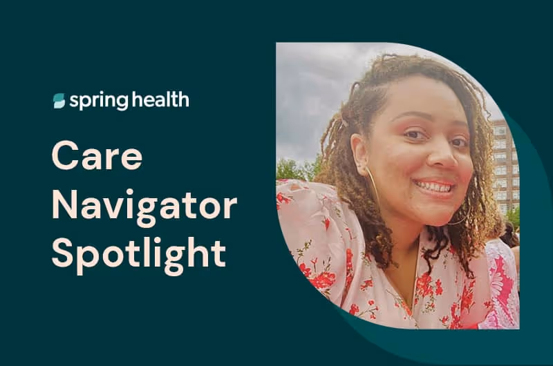 Smiling woman with curly hair wearing hoop earrings and a floral blouse, next to text reading 'spring health Care Navigator Spotlight' on dark green background.