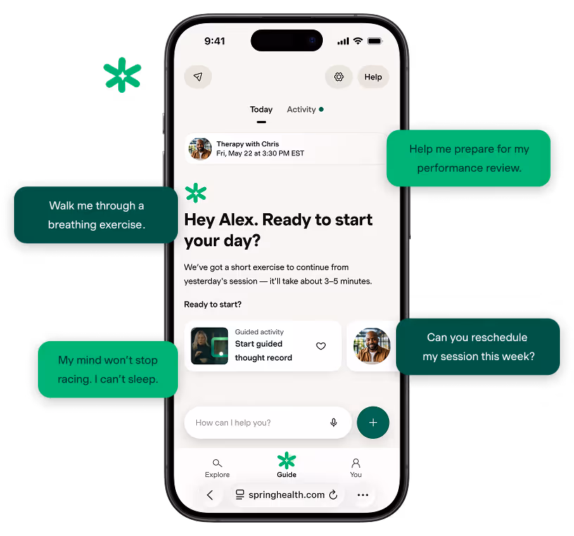 Smartphone screen showing a mental health app with a greeting 'Hey Alex. Ready to start your day?' and options for guided activities, plus speech bubbles with requests like 'Walk me through a breathing exercise,' 'Help me prepare for my performance review,' 'My mind won’t stop racing. I can’t sleep,' and 'Can you reschedule my session this week?'