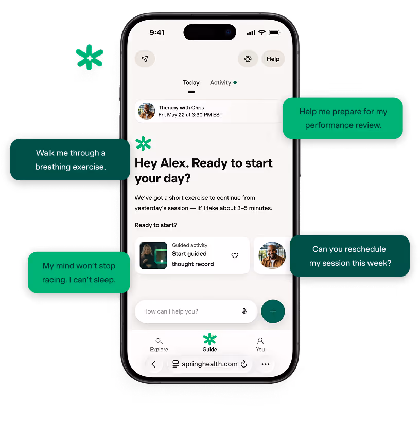 Smartphone screen showing a mental health app with a greeting 'Hey Alex. Ready to start your day?' and options for guided activities, plus speech bubbles with requests like 'Walk me through a breathing exercise,' 'Help me prepare for my performance review,' 'My mind won’t stop racing. I can’t sleep,' and 'Can you reschedule my session this week?'