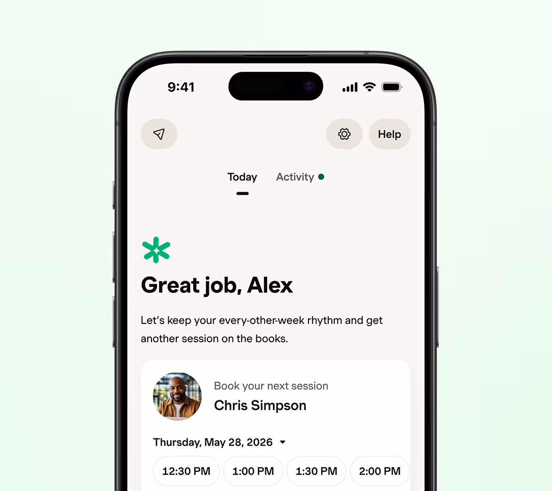 Mobile app screen showing a message congratulating Alex and offering to book another session with Chris Simpson on Thursday, May 28, 2026, with available times.