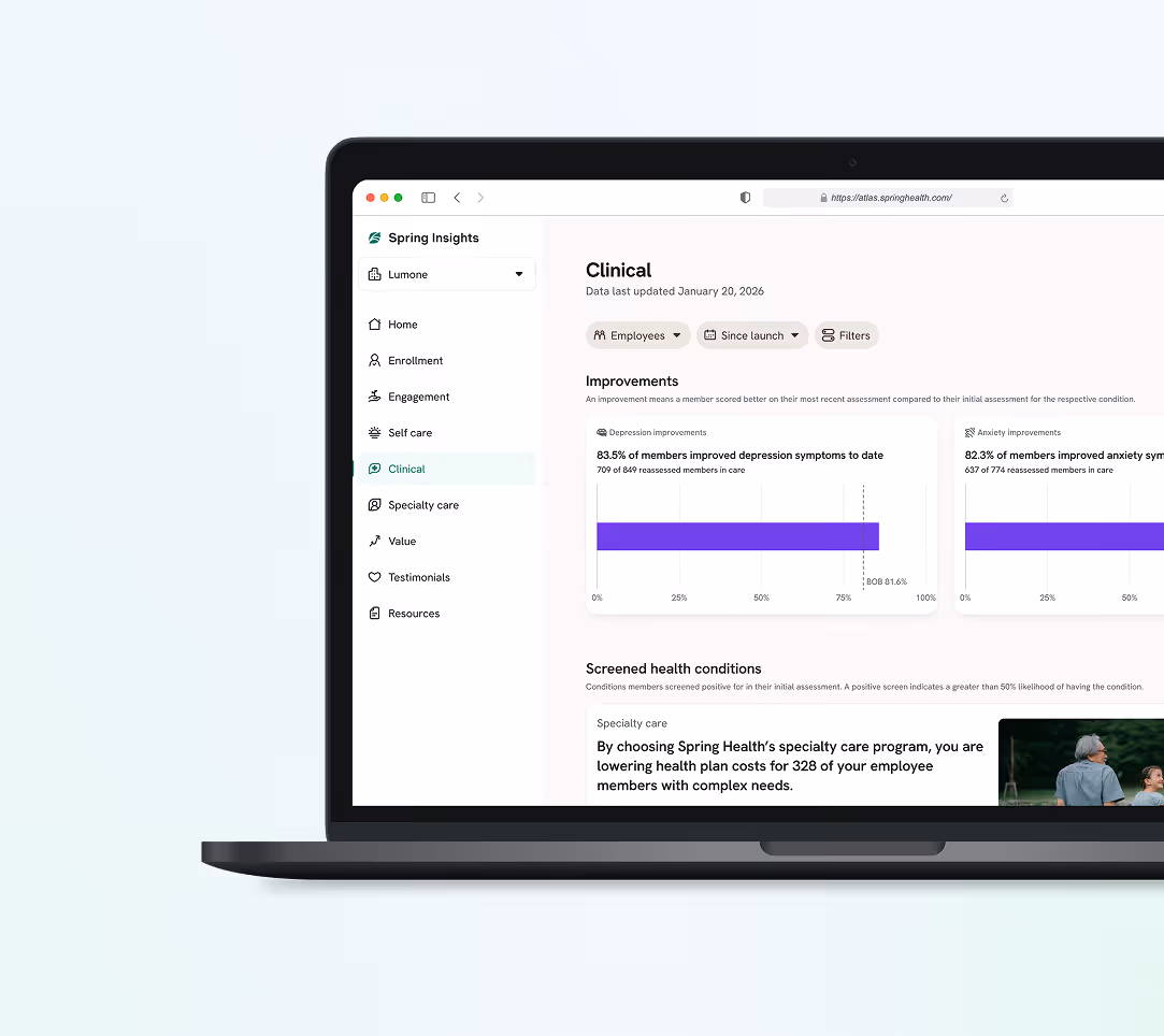 Laptop screen displaying Spring Insights clinical dashboard with data on depression and anxiety improvements and specialty care cost savings.