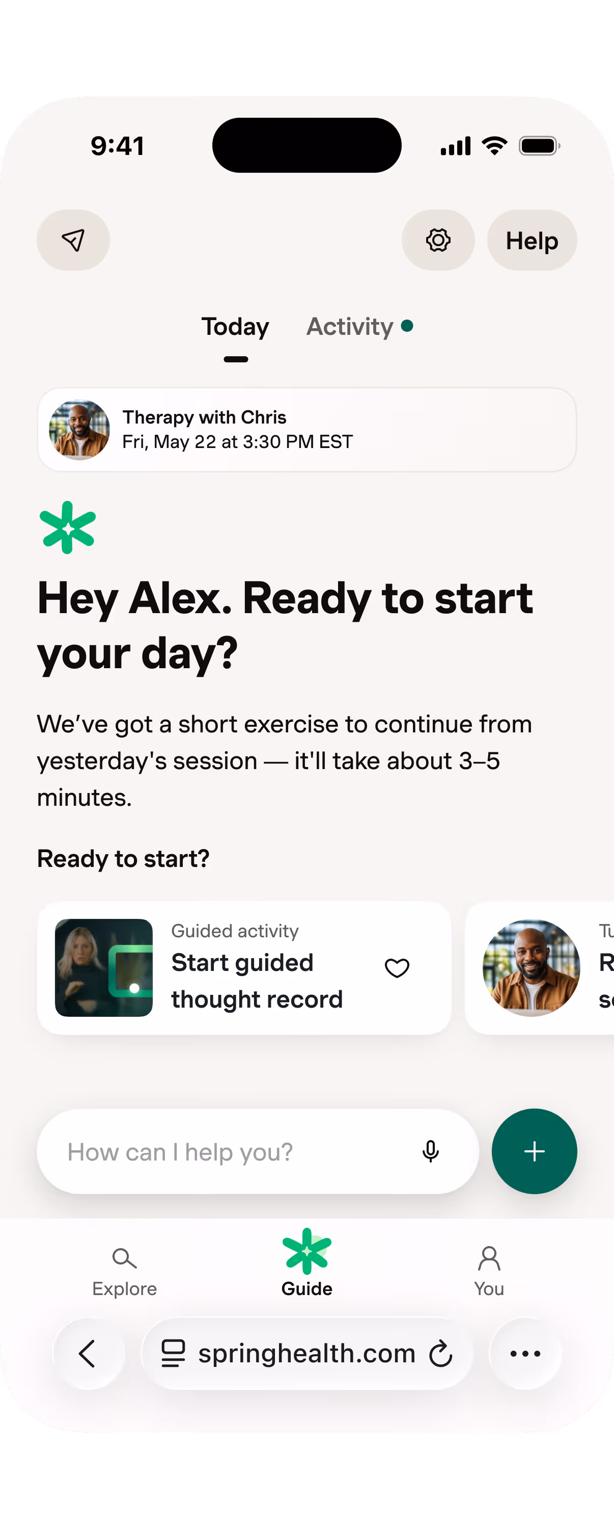 Mobile app screen showing a therapy session reminder and a prompt for a guided thought record exercise.
