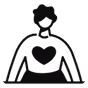 Icon of a person with a heart symbol on their chest, representing care or health.