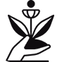 Black silhouette of a hand holding a flower with two leaves and a round bud on top.