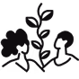 Minimalist line drawing of two people facing each other with a branch of leaves between them.