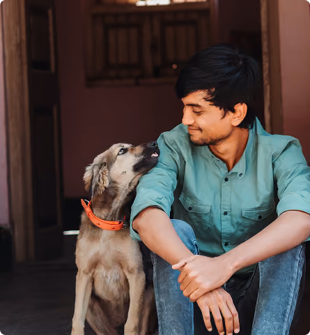 A young man sitting on steps indoors wearing a green shirt and jeans, looking affectionately at a medium-sized dog with light brown fur and an orange collar that is sitting beside him.