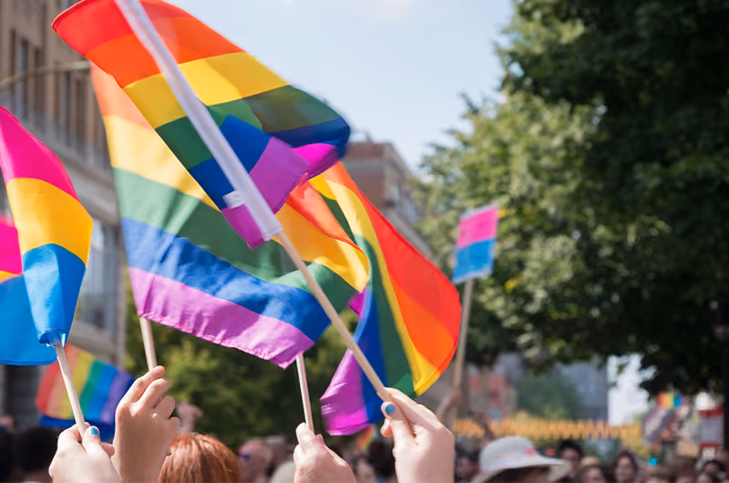 A crowd holding up LGBTQIA+ flags during a Pride parade