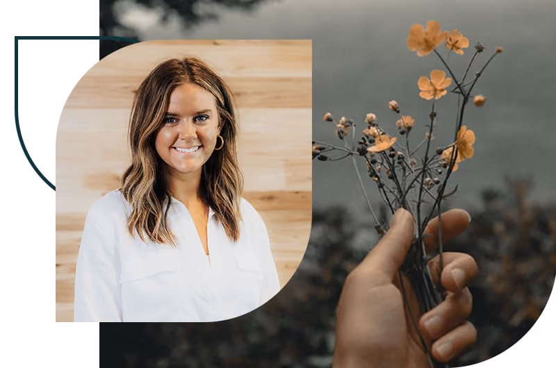 A headshot of Erin Jones overlaid on a photo of a hand holding flowers
