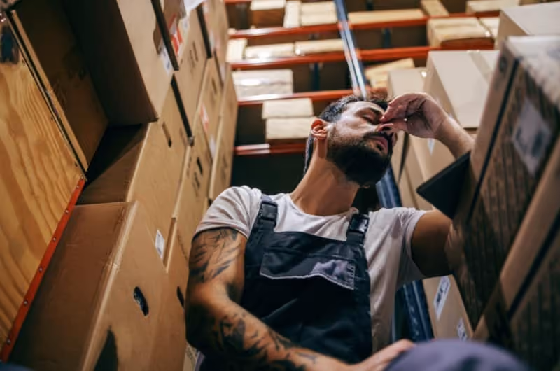 Man in overalls in a storage room dealing with work stress
