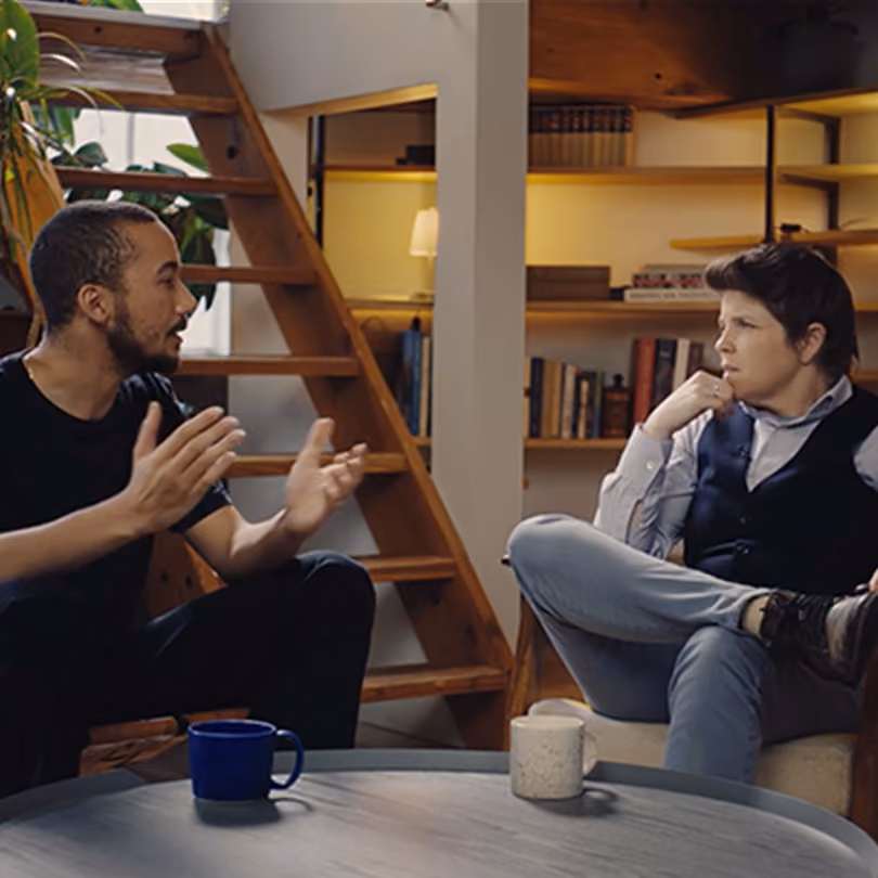 Spring Health Creative Director Shakeil Greely and Sage course leader Kerry Symon talk on set