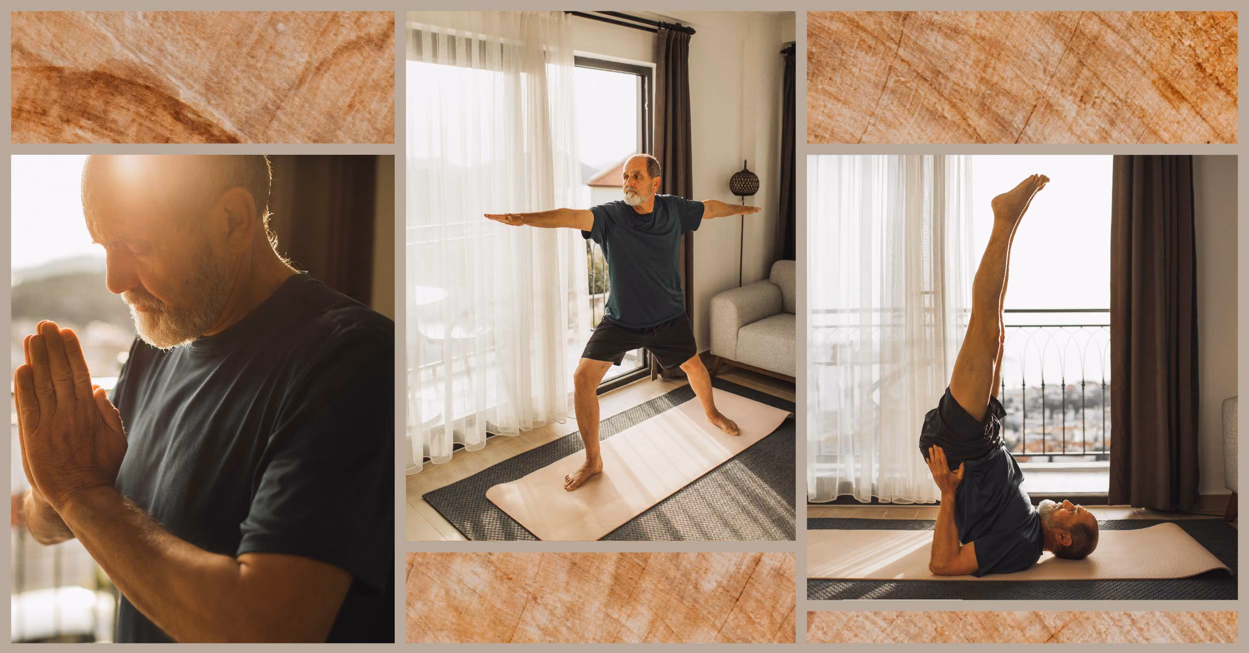 Man practicing yoga in his living room