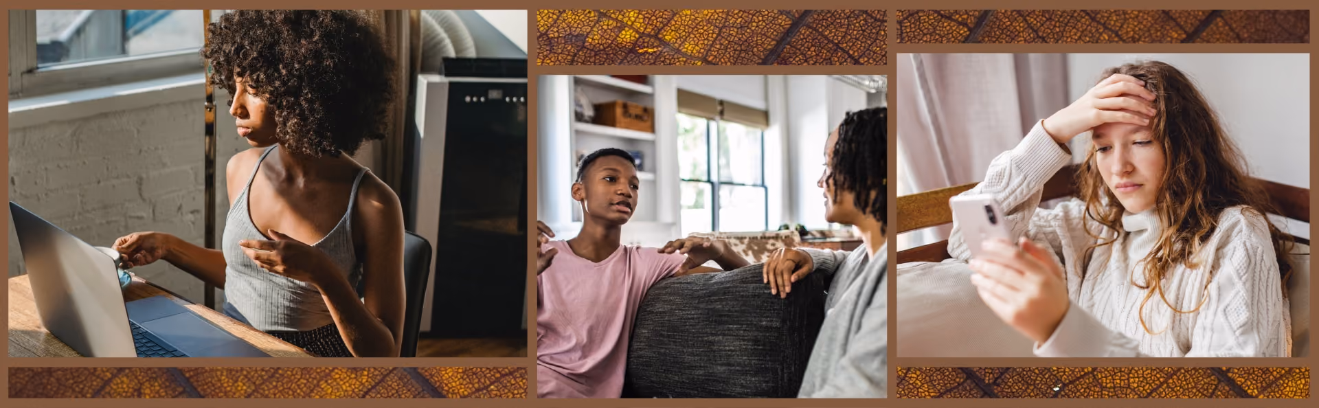 A male teenager and his mother have a conversation sitting on a couch