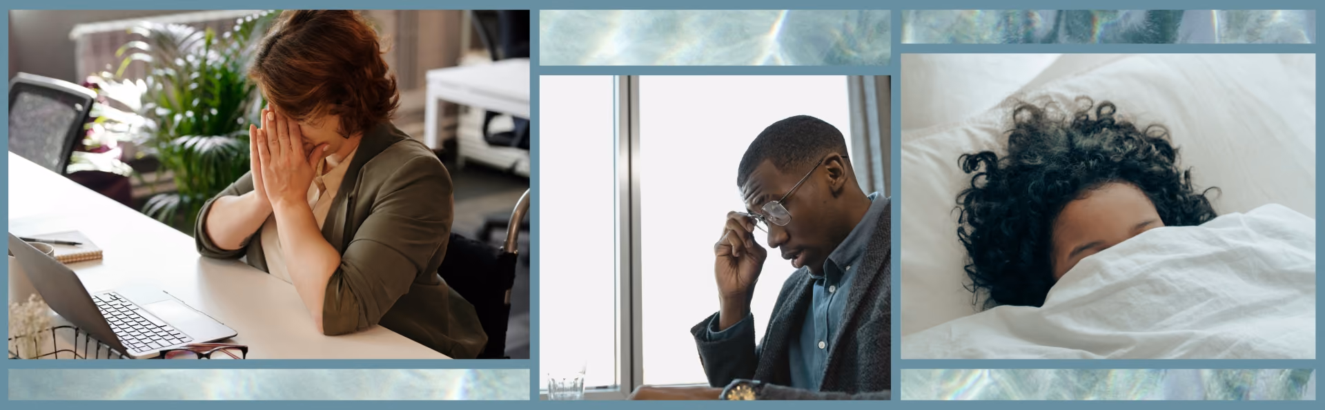 A tired-looking man touches his glasses while working