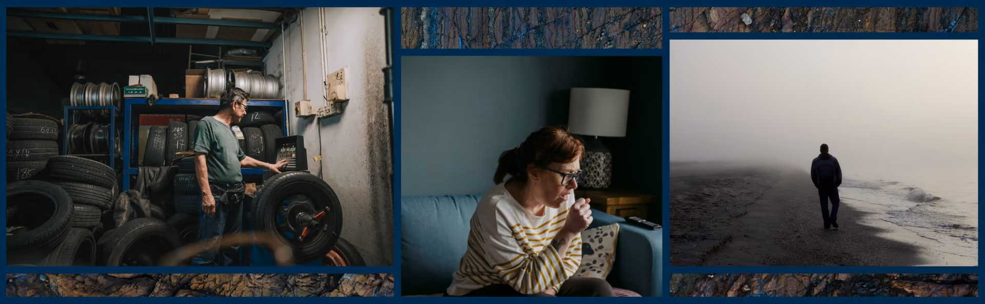A woman sits on a couch as she holds her hand up to cover a cough