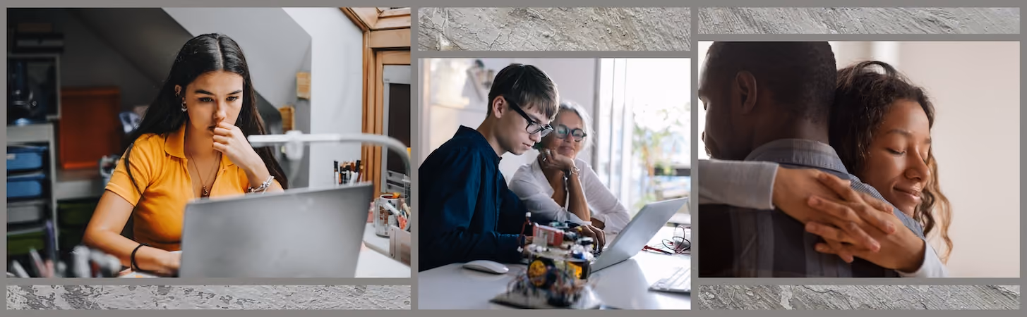 A teenage boy works on a computer with the help of his mom