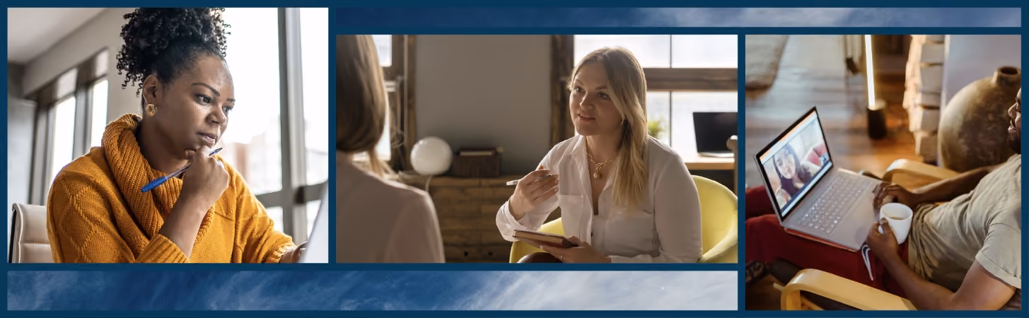 A therapist speaks with a client as she takes notes
