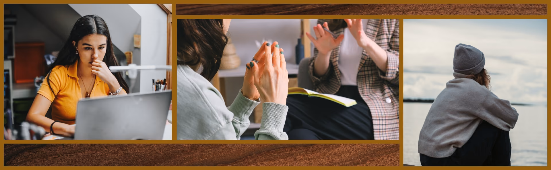 Woman nervously biting her fingernails at her desk