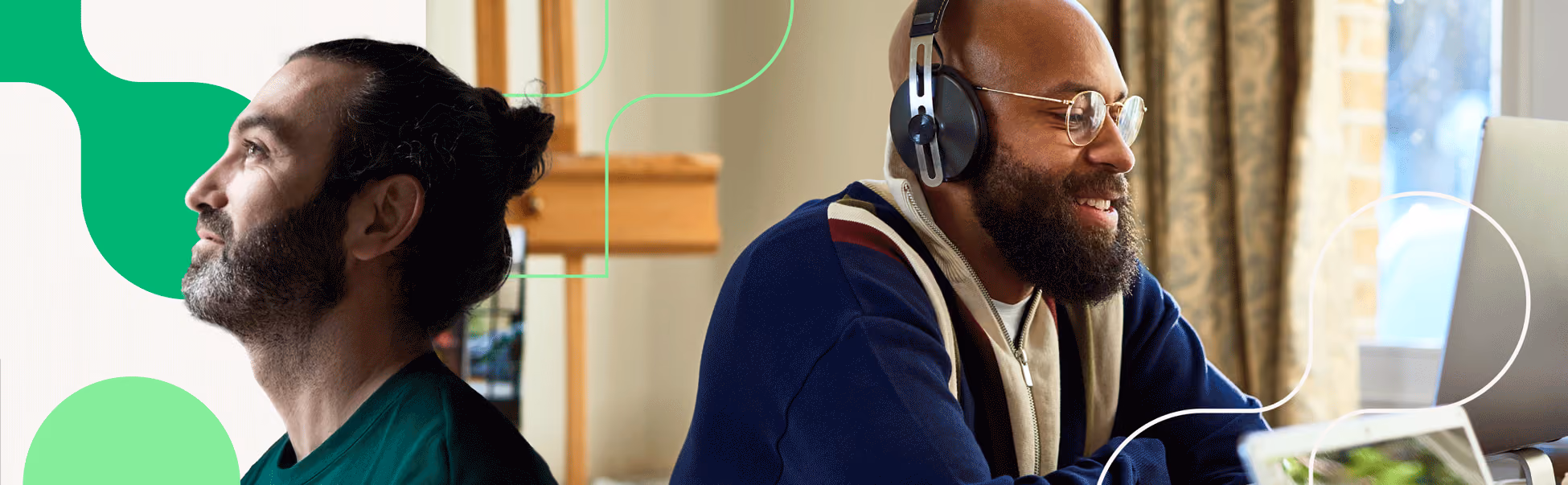 A man joyfully listening to headphones in his room