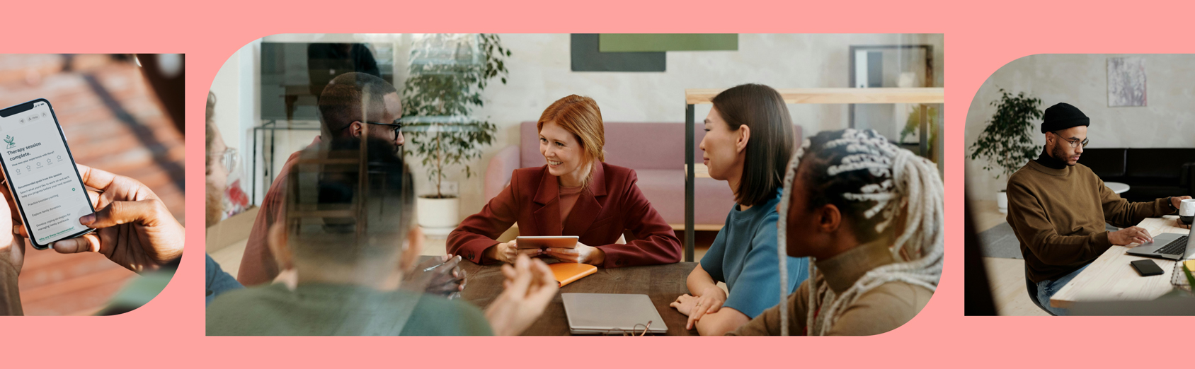 A diverse group of employees talking with a mental health professional in a modern office setting, representing support and trust.