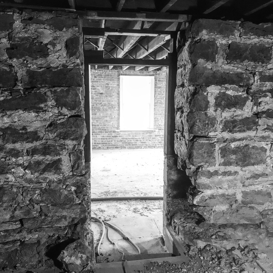Stone foundation entry, post demolition