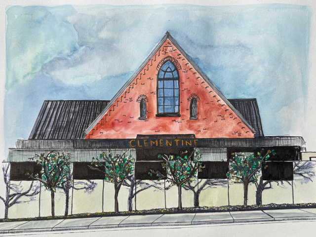 Why not add artwork depicting Clementine Hall on your invitation or signage! This image comes in several versions, all of which were drawn and painted by Ellery Cook. Let us know which version you'd like and we'll send you a high resolution image!